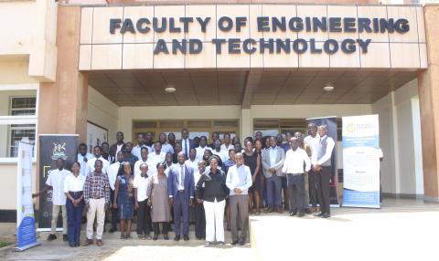 Busitema University officials, Ministry of Health representatives and student peer supporters pose for a group photograph during the launch of the five-day self-care and wellbeing programme at the Faculty of Engineering and Technology, Busitema Campus, on 19 October 2026.